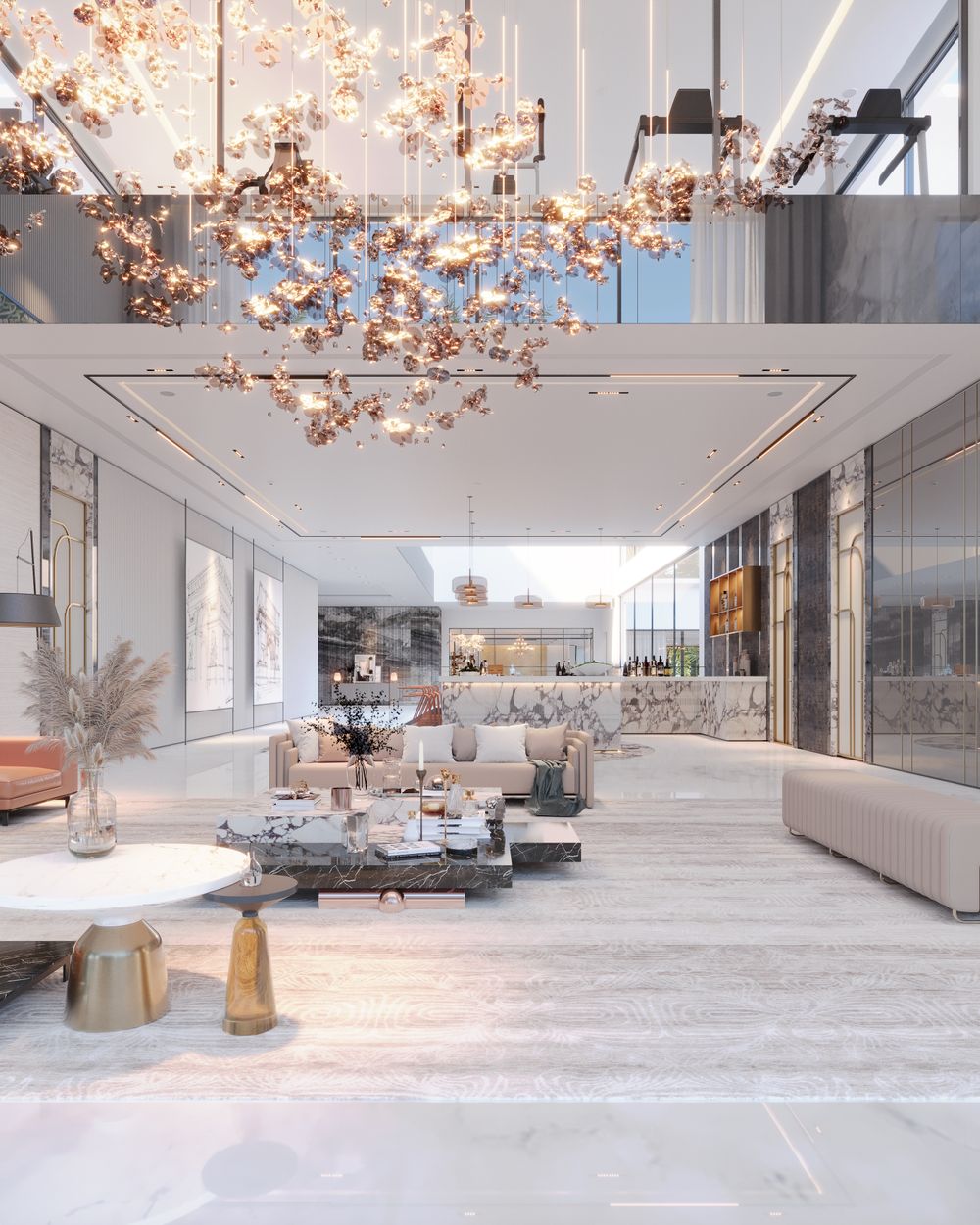 Lounge with a sculptural chandelier and marble floor